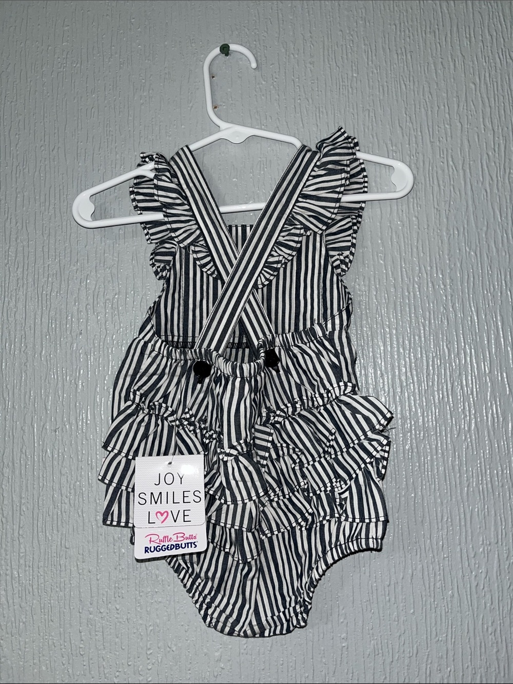 NWT Ruffle Butts Navy Stripe Cross Back Ruffle Romper - Picture 3 of 5